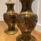 Pair of large table lamps formed of gilded bronze vases & Chinese cloisonné enamels