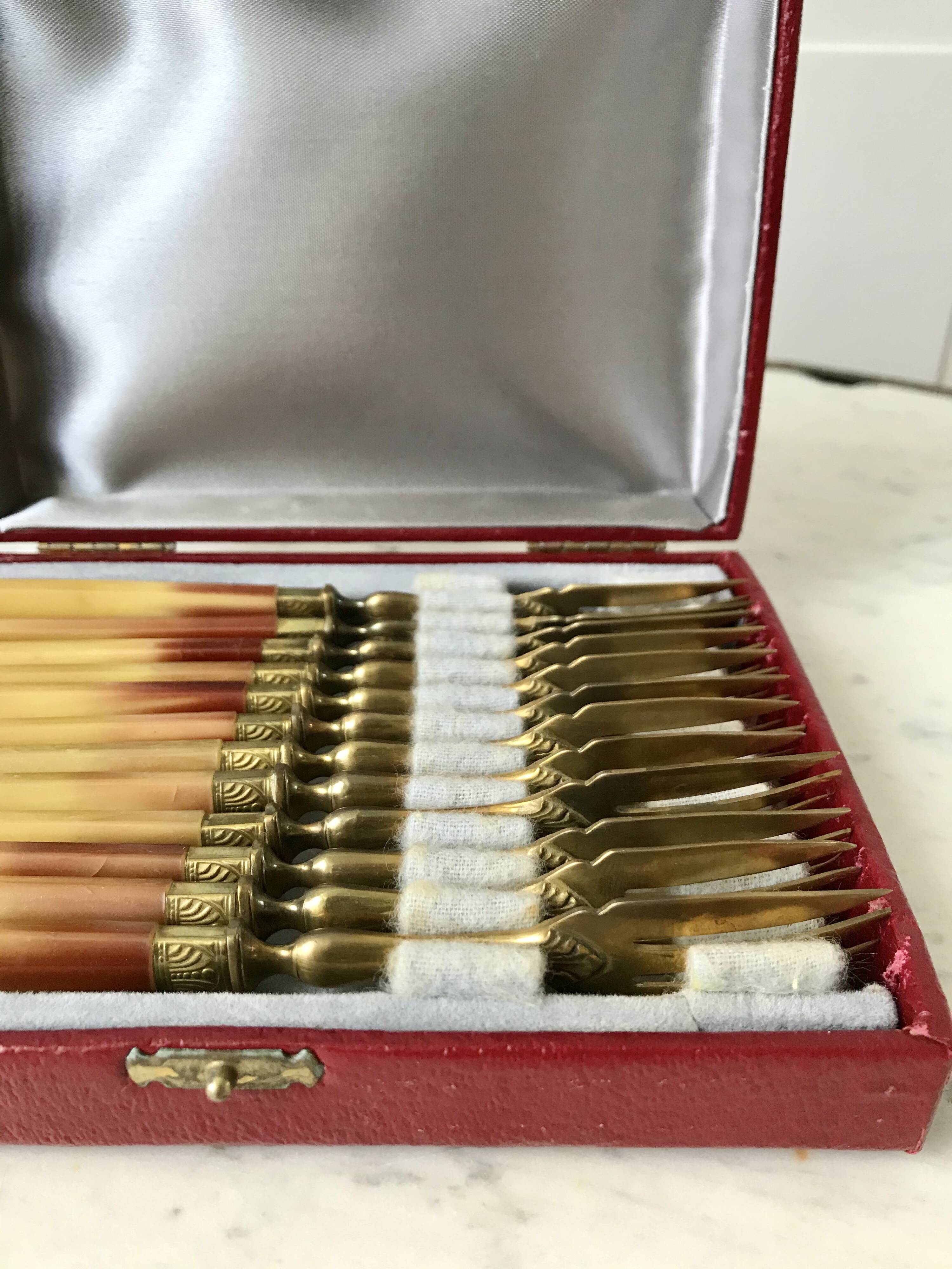 set of 12 horn dessert forks from the 50s
