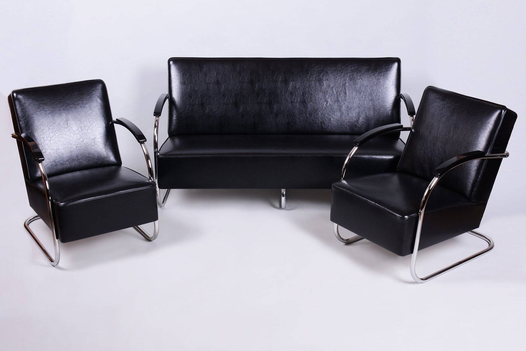 Bauhaus Seating Set in Chrome and Leather from Mücke Melder, Czech, 1930s, Set of 3