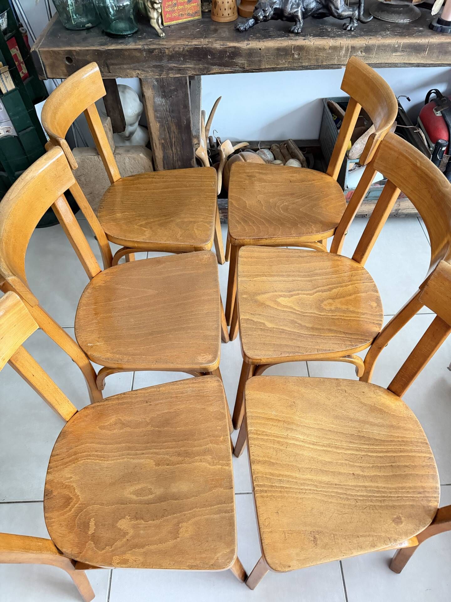 Set of 6 vintage wooden bistro chairs by Baumann