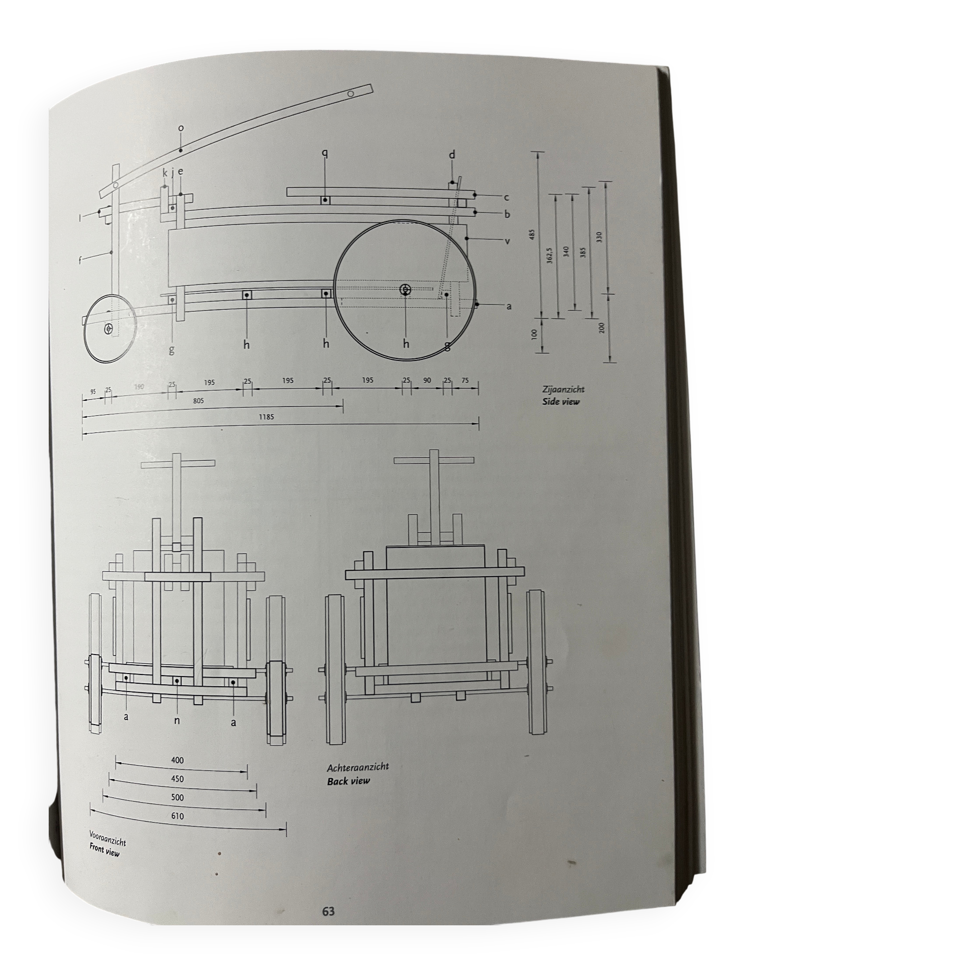 Rietveld-style De Stijl handcart in painted wood — white frame with red, blue, yellow accents