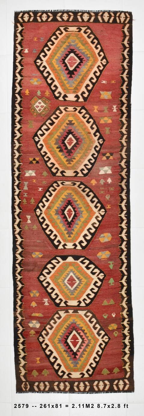 Red & Beige Oriental Vintage Kilim Runner Rug, 81x261Cm