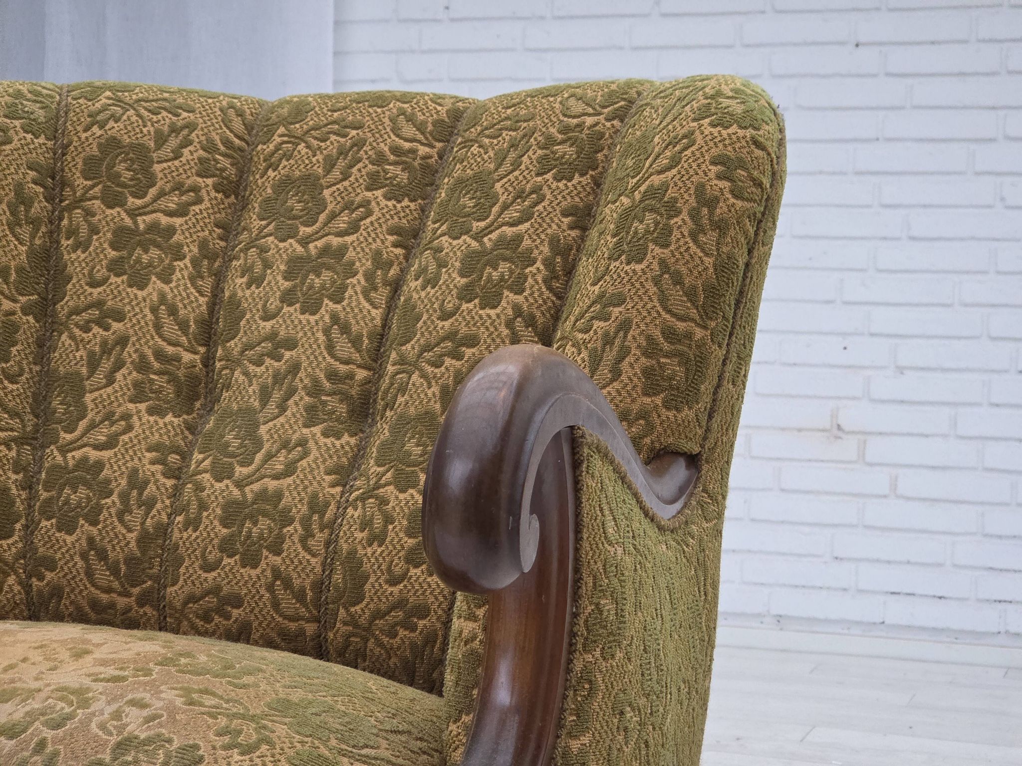 1950s, Danish armchair, furniture wool, hand carved oak wood.