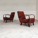 Pair of H410 Type C burgundy armchairs by Jindrich Halabala for Thonet