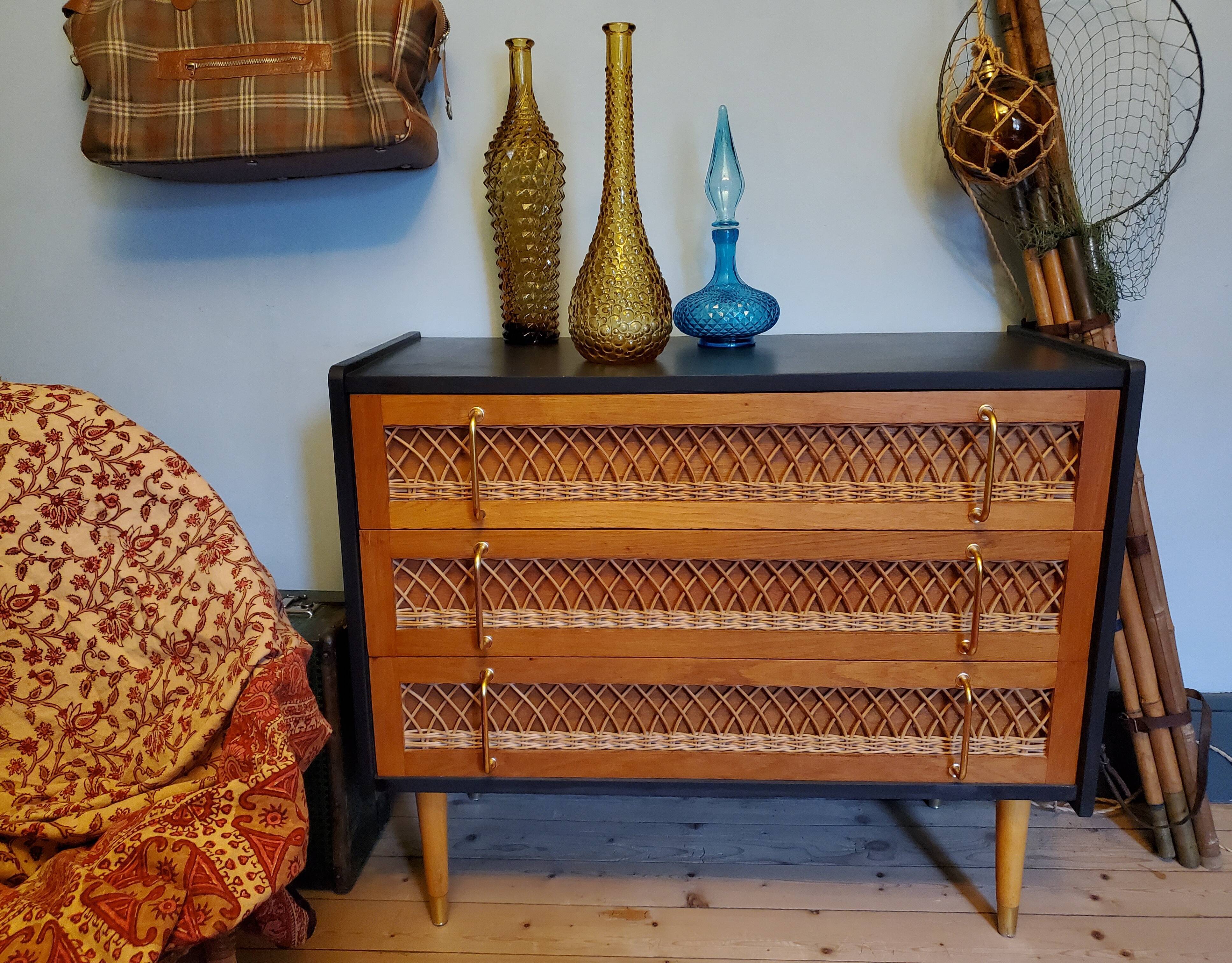 60's wood and rattan dresser