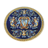 Round Gien renaissance dish with blue background