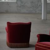Pair of modern Danish lounge chairs, cherry red velvet, 1950s.