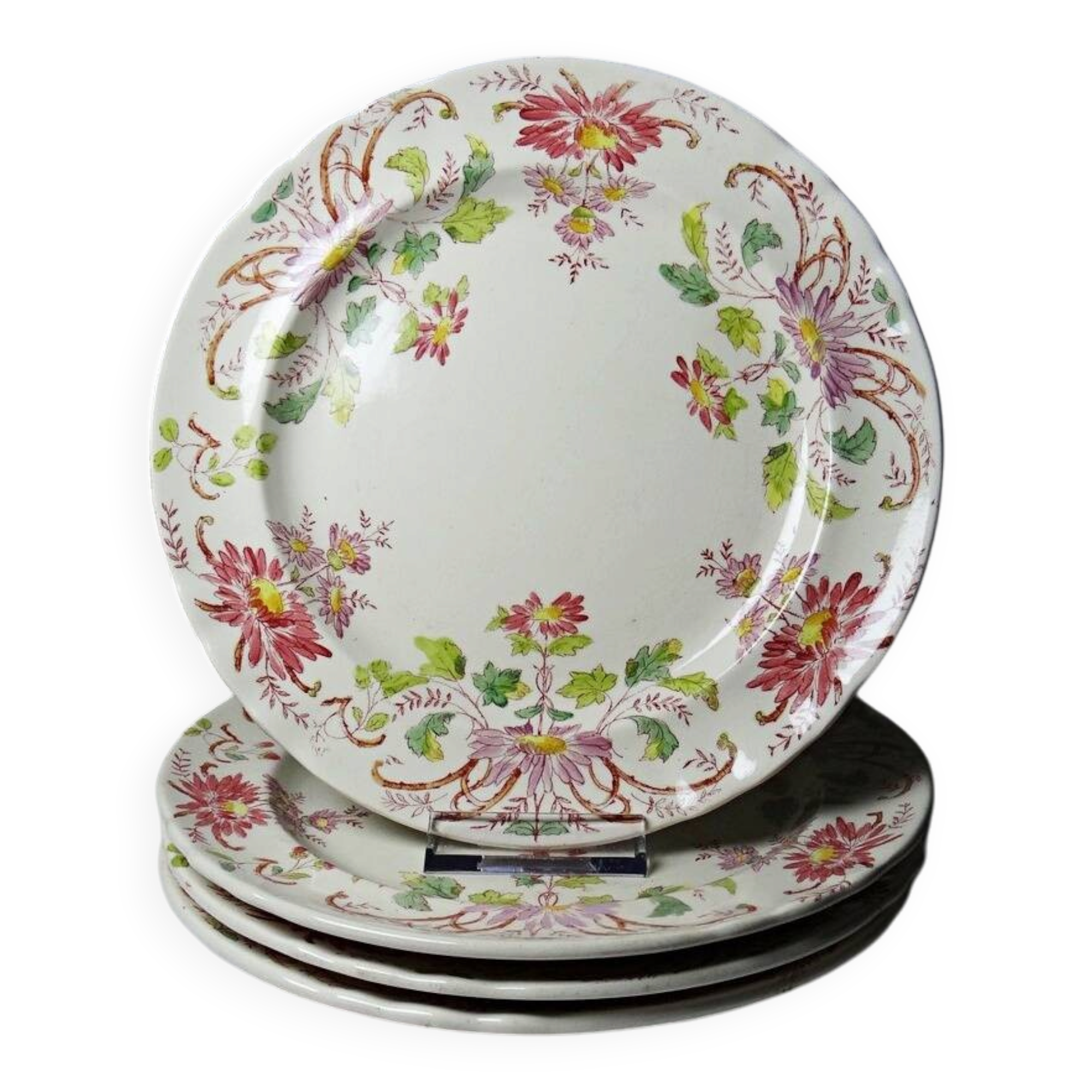 4 antique dessert plates Longchamp Daisies ironstone polychrome