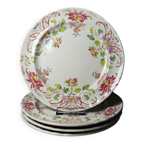 4 assiettes à dessert anciennes Longchamp Pâquerettes terre de fer polychrome