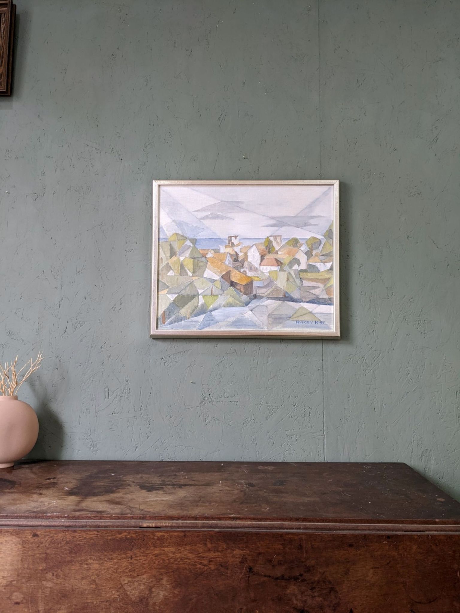 Framed Modernist Swedish Oil Painting "Cubist Coastal Town"