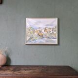 Framed Modernist Swedish Oil Painting "Cubist Coastal Town"