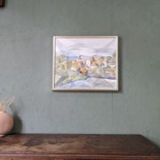 Framed Modernist Swedish Oil Painting "Cubist Coastal Town"