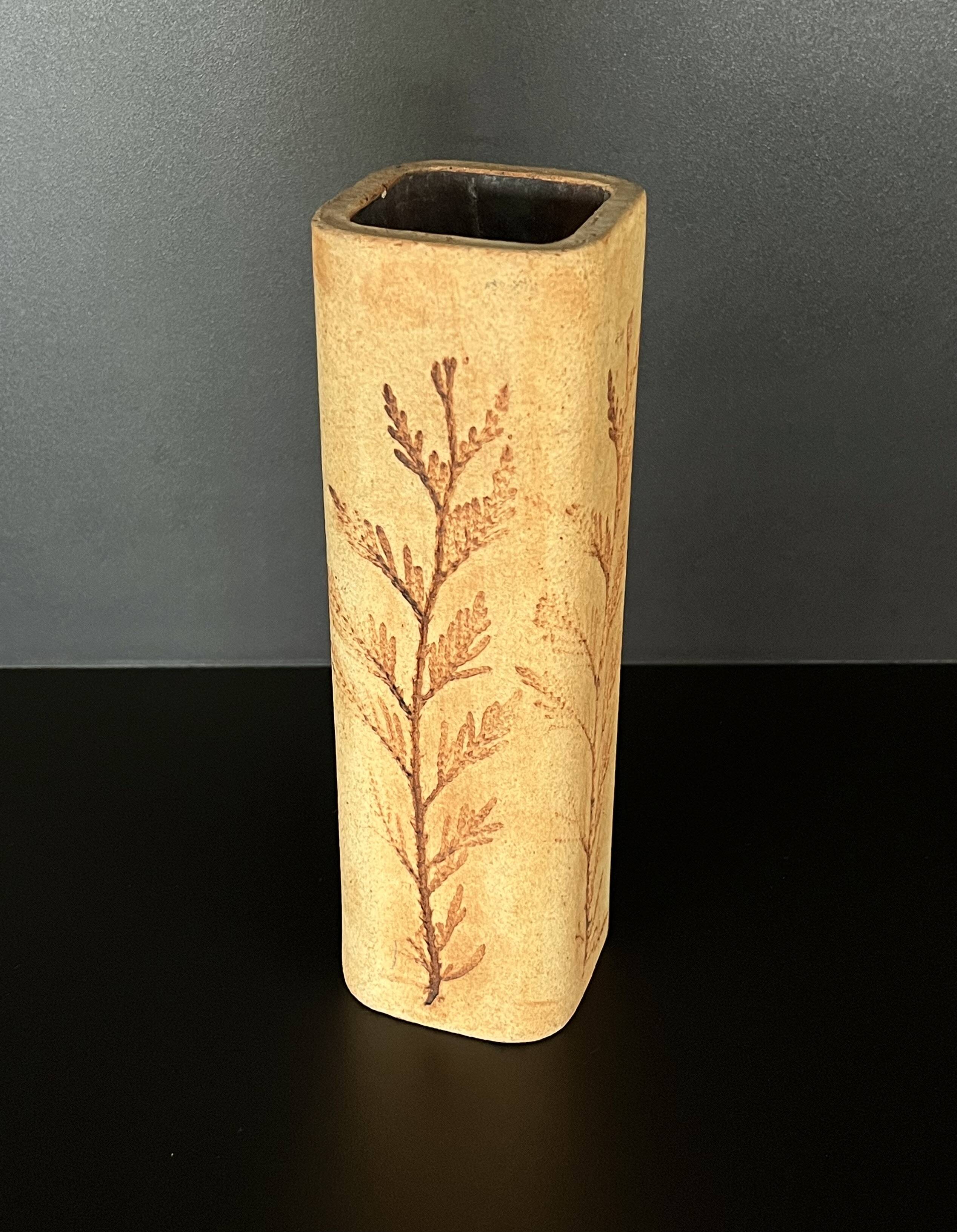 Stoneware vase with herbarium decoration by Raymonde Leduc, Vallauris, 1960s