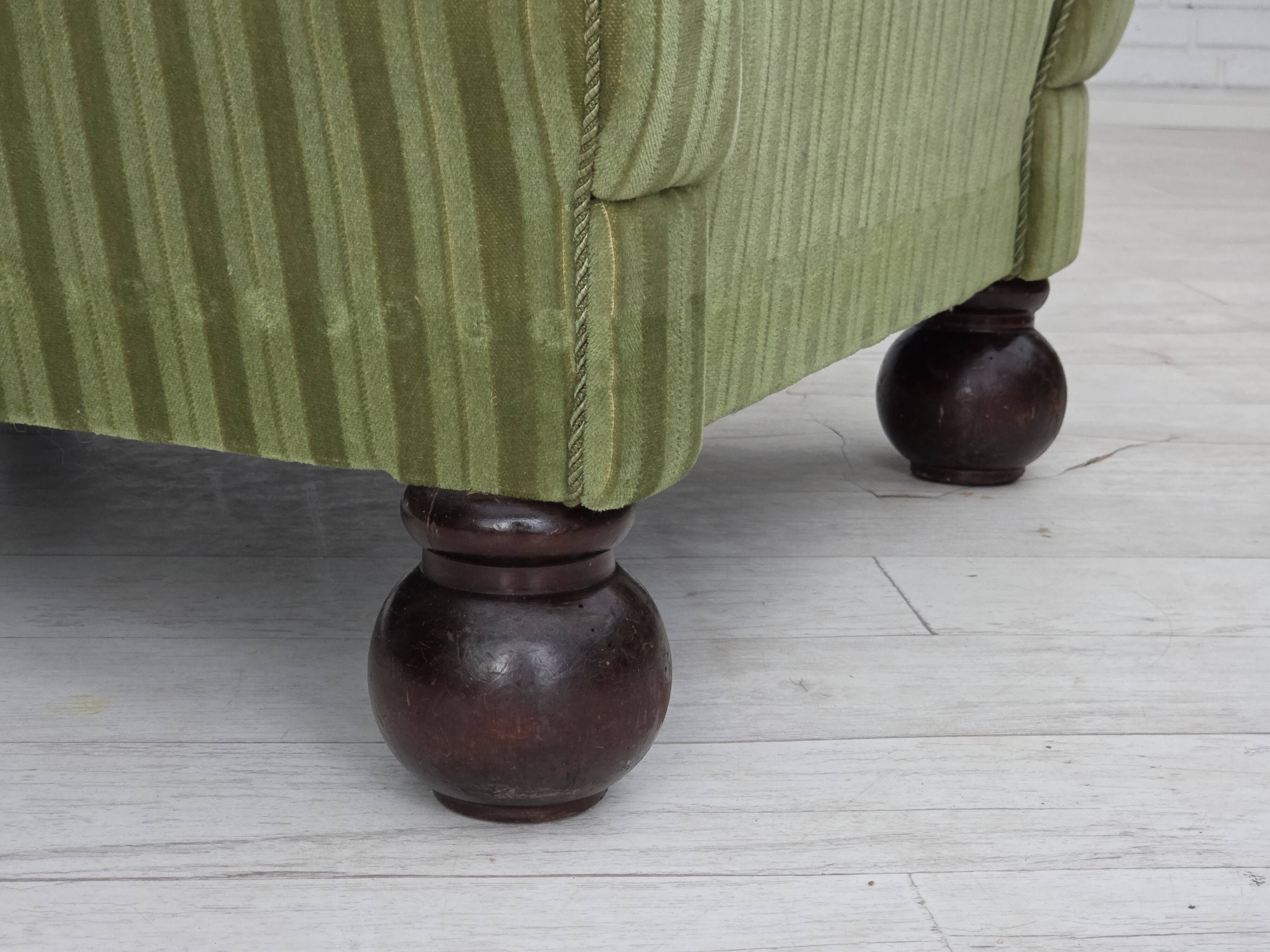 1950s, Danish relax armchair, green furniture velour fabric, ash wood legs.