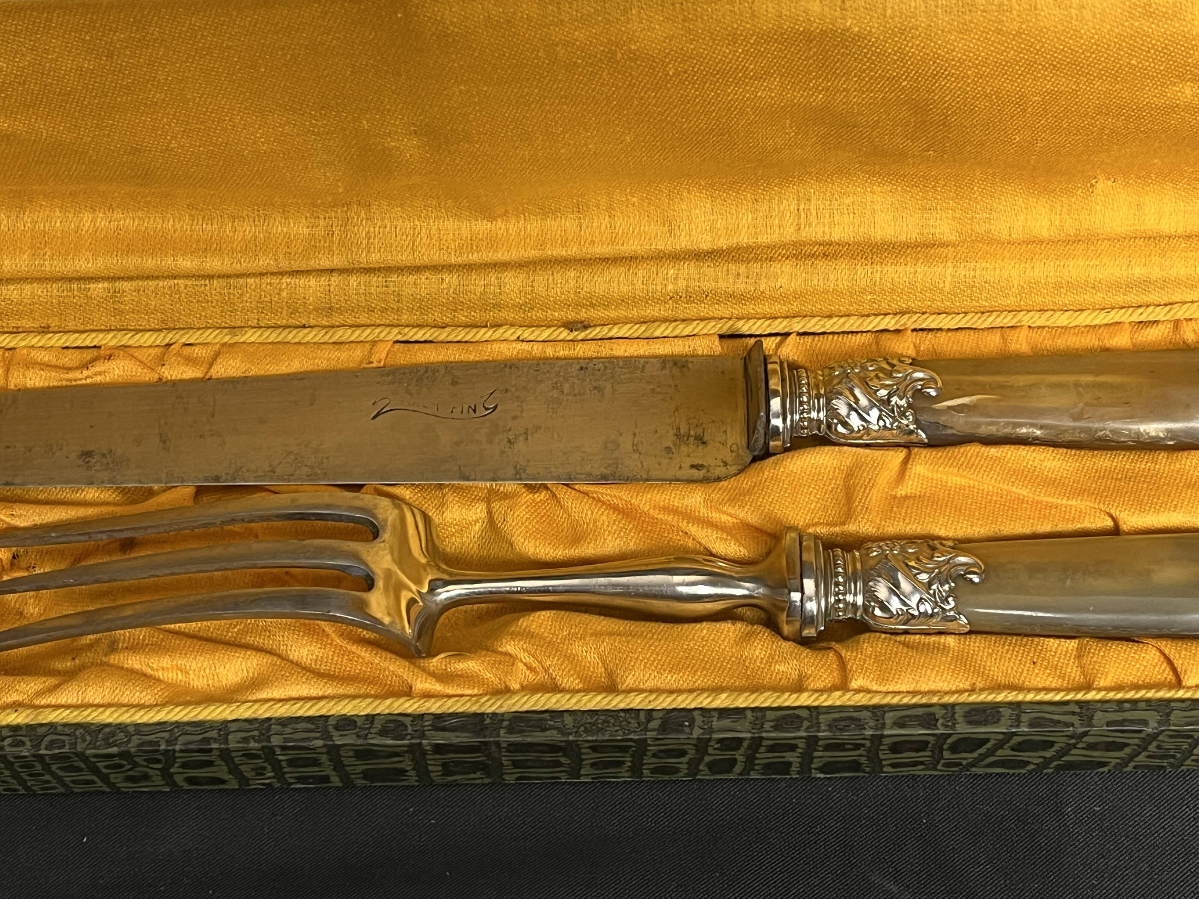 Tableware, silver-plated carving set with horn, early 20th century.