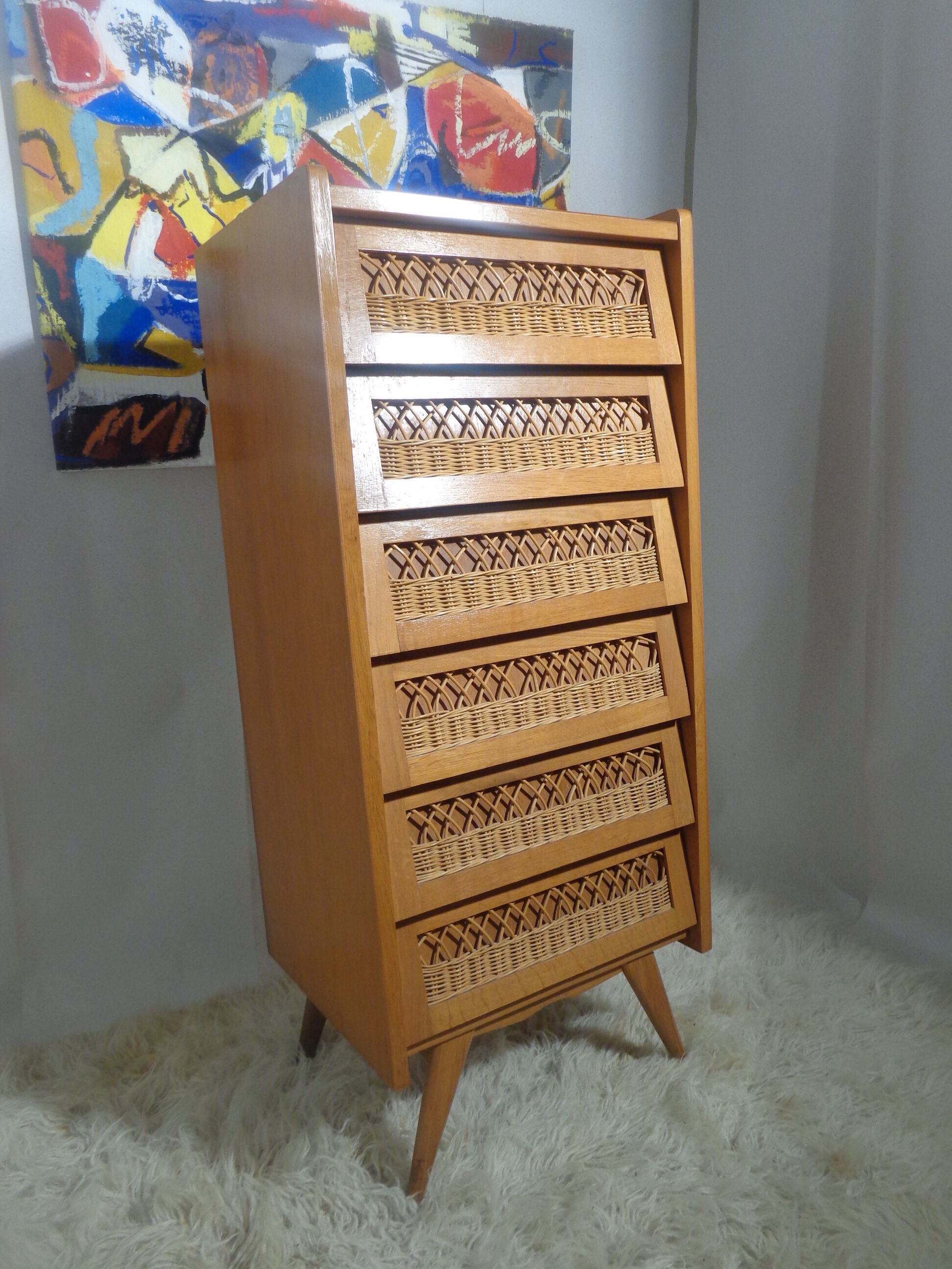 Dresser chest vintage wood and rattan of the 50 feet compass