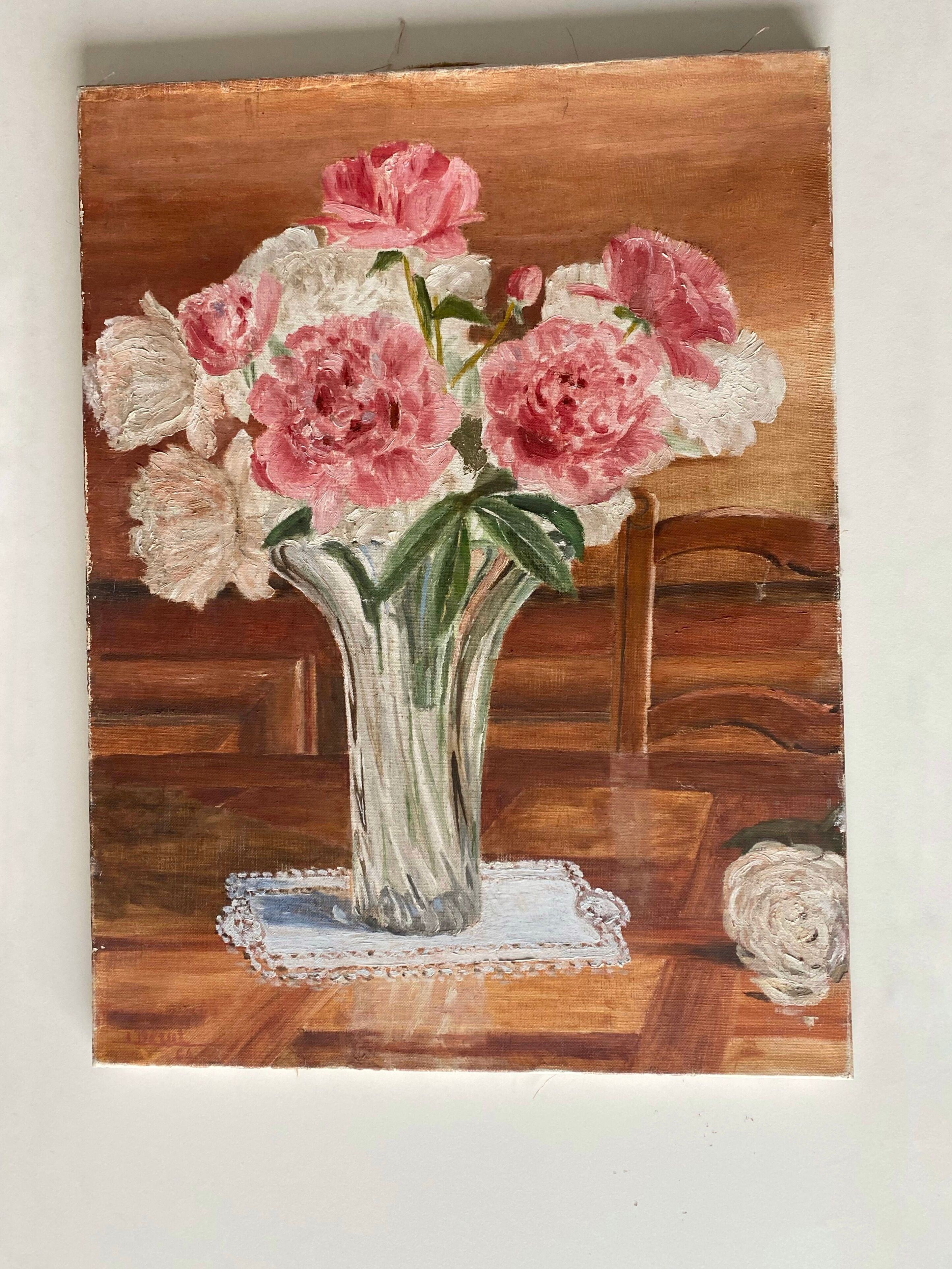 Old painting, still life bouquet oil on canvas