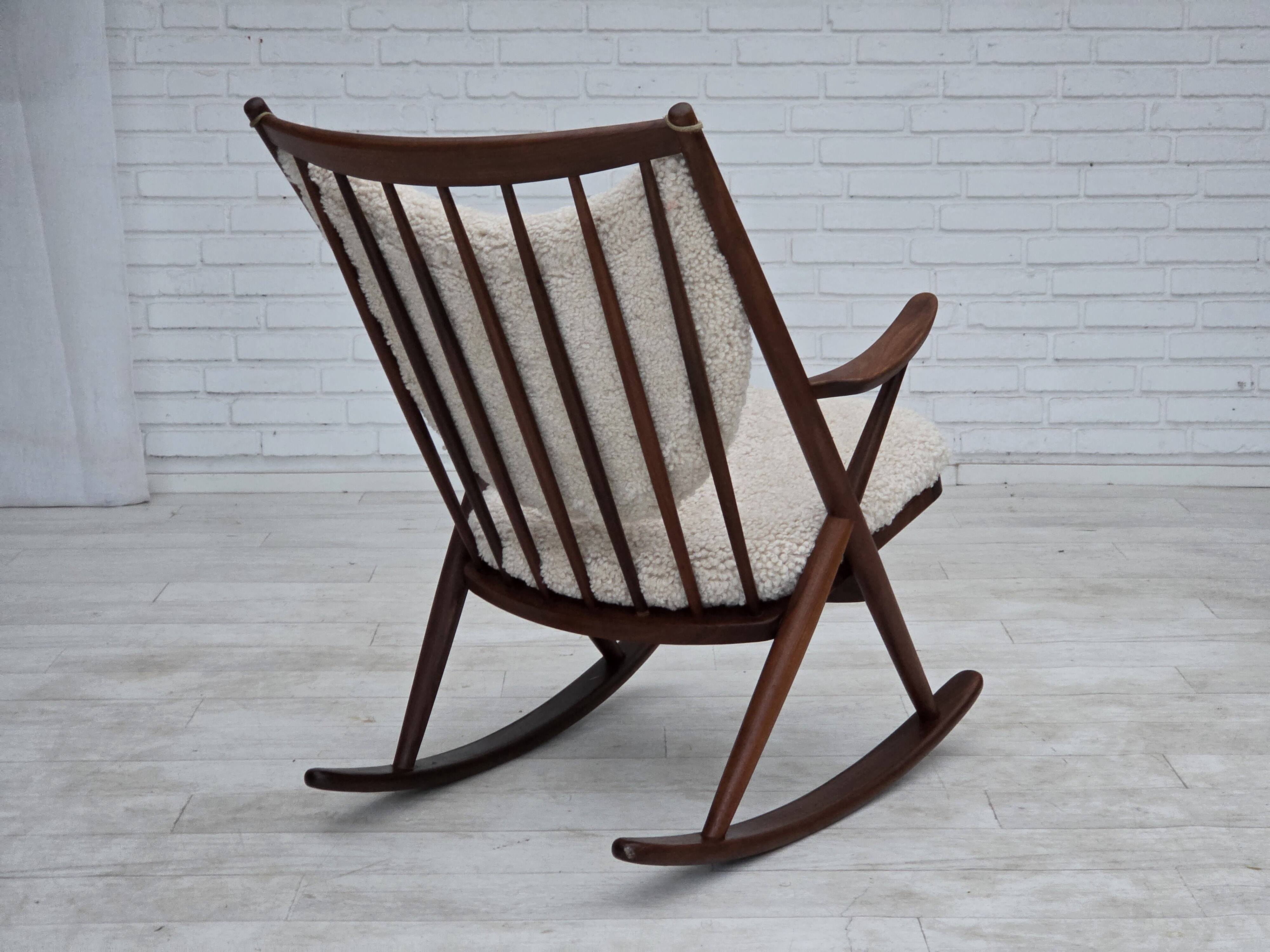 1960s, Danish rocking chair by Frank Reenskaug, model 182, sheepskin.