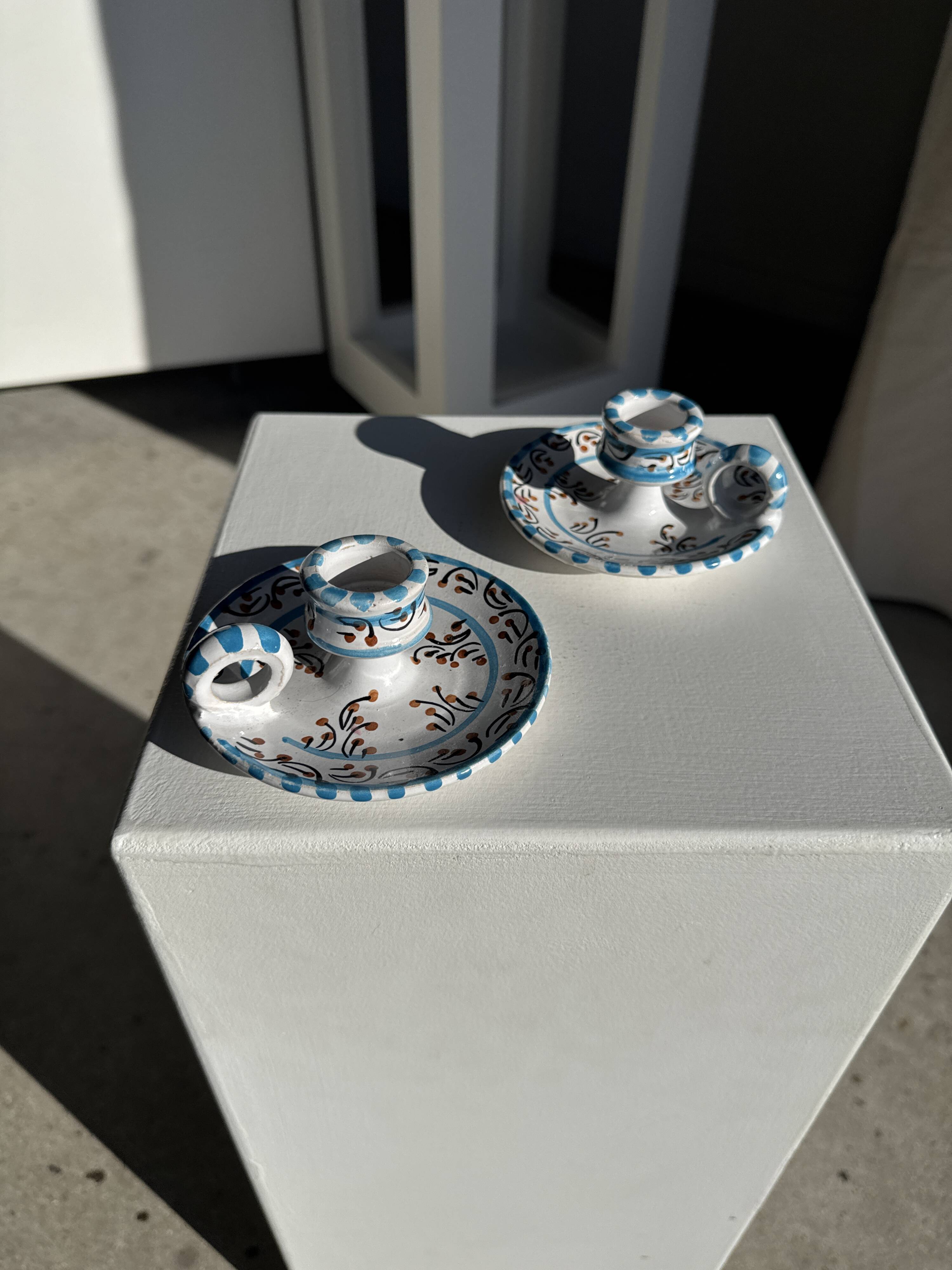 Light blue Moustiers candlestick H5 D12.5