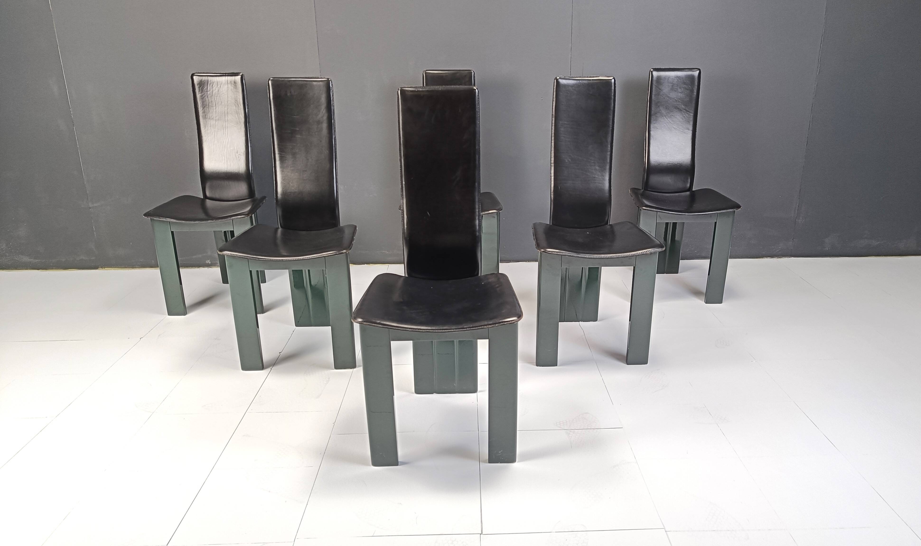 Set of 6 Italian leather and green lacquer dining chairs, 1980s