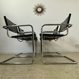 Lot of 4 tubular metal and black leather chairs MG5 Grassi style 70s
