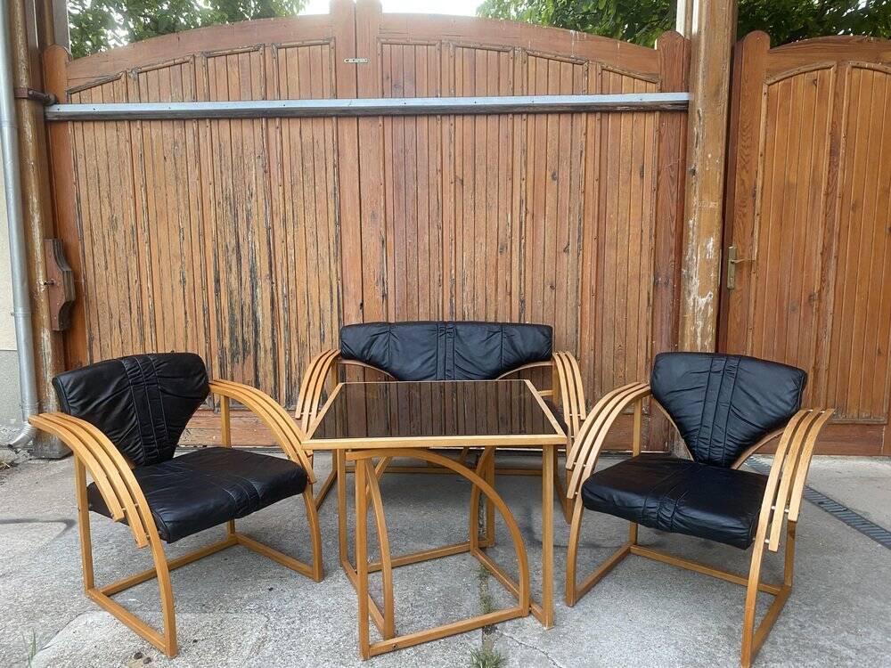 Ensemble mid-century 4 pièces cuir noir et bois clair : canapé 2 places, 2 fauteuils, table