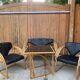 Ensemble mid-century 4 pièces cuir noir et bois clair : canapé 2 places, 2 fauteuils, table