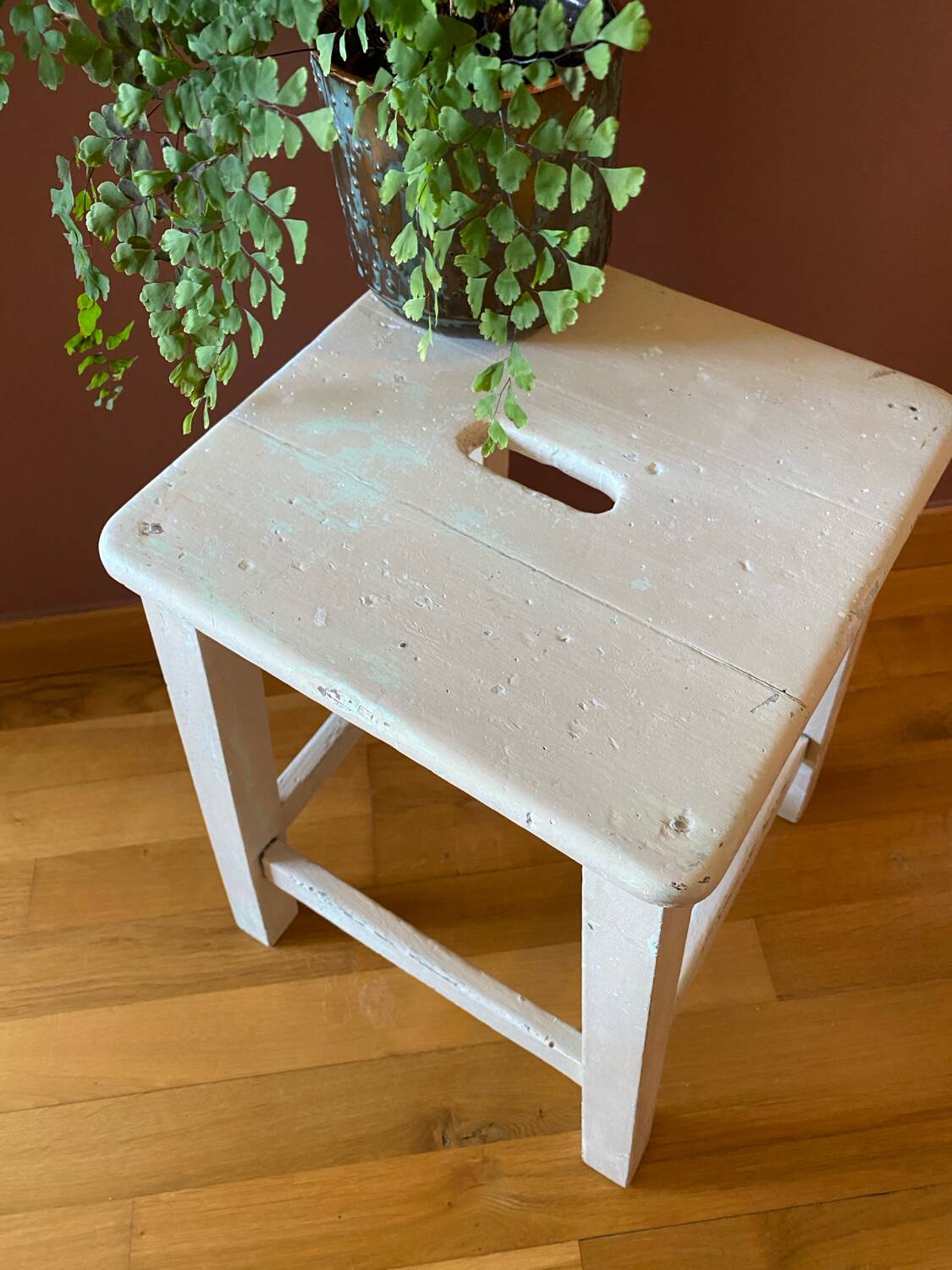 Vintage stool 1950/1960, rustic wooden stool, old workshop chair, kitchen, Shabby style.