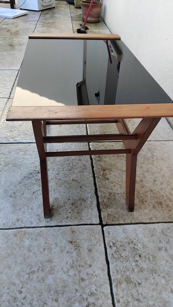 Table basse vintage époque reconstruction année 50 bois verre