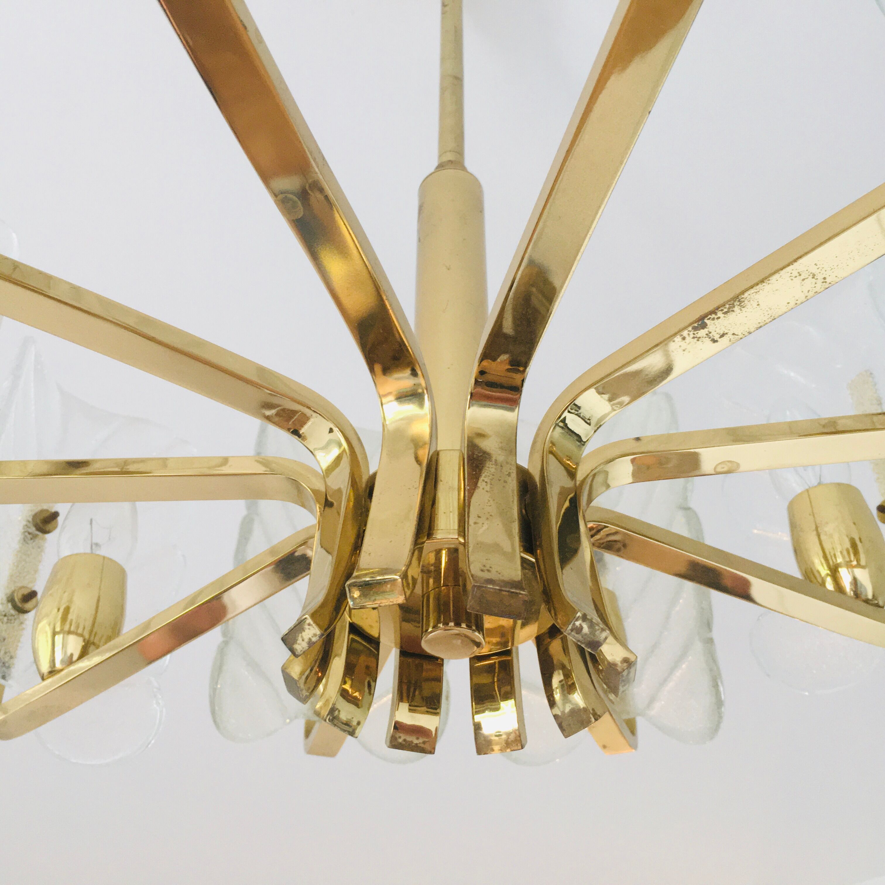 Scandinavian Brass Chandelier with 10 Glass Leaves by Carl Fagerlund for Orrefors, Sweden, 1960s