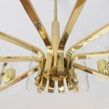 Scandinavian Brass Chandelier with 10 Glass Leaves by Carl Fagerlund for Orrefors, Sweden, 1960s