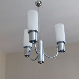 Chandelier in aluminum and chrome metal tulip white striated glass 1970 seventies