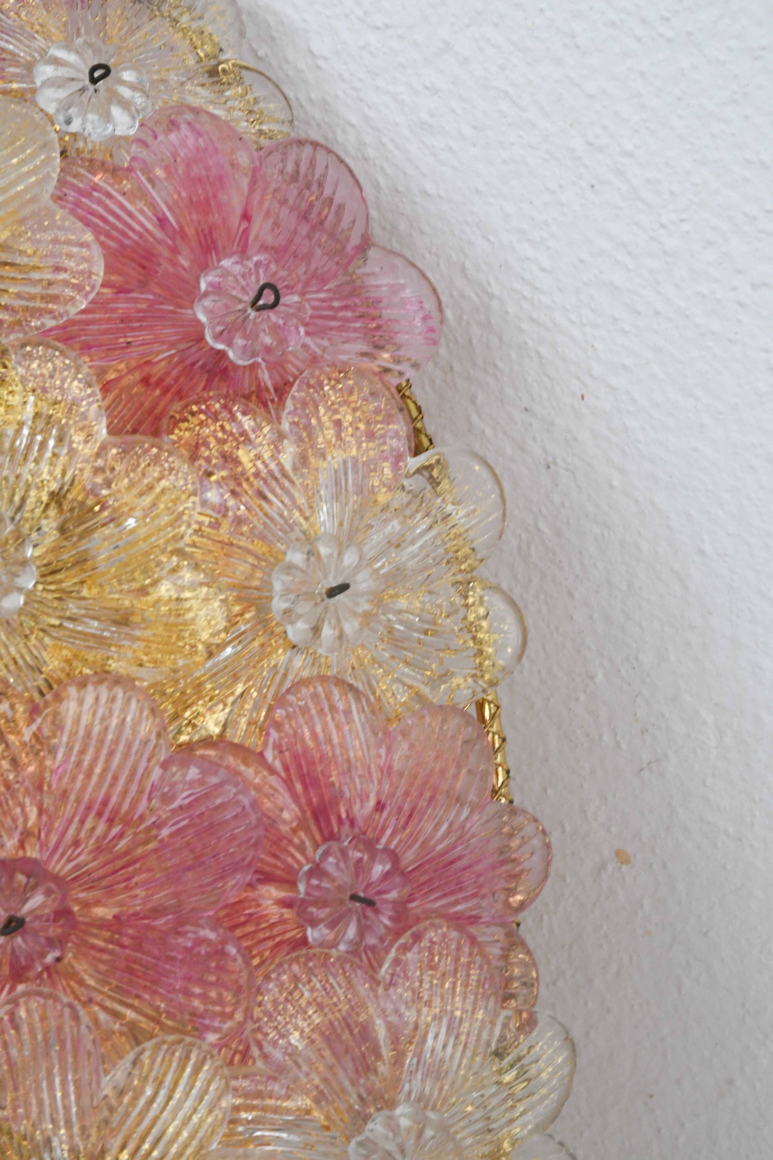 Amazing Pink and Gold Large Size Murano Ceiling Light Flower by Seguso