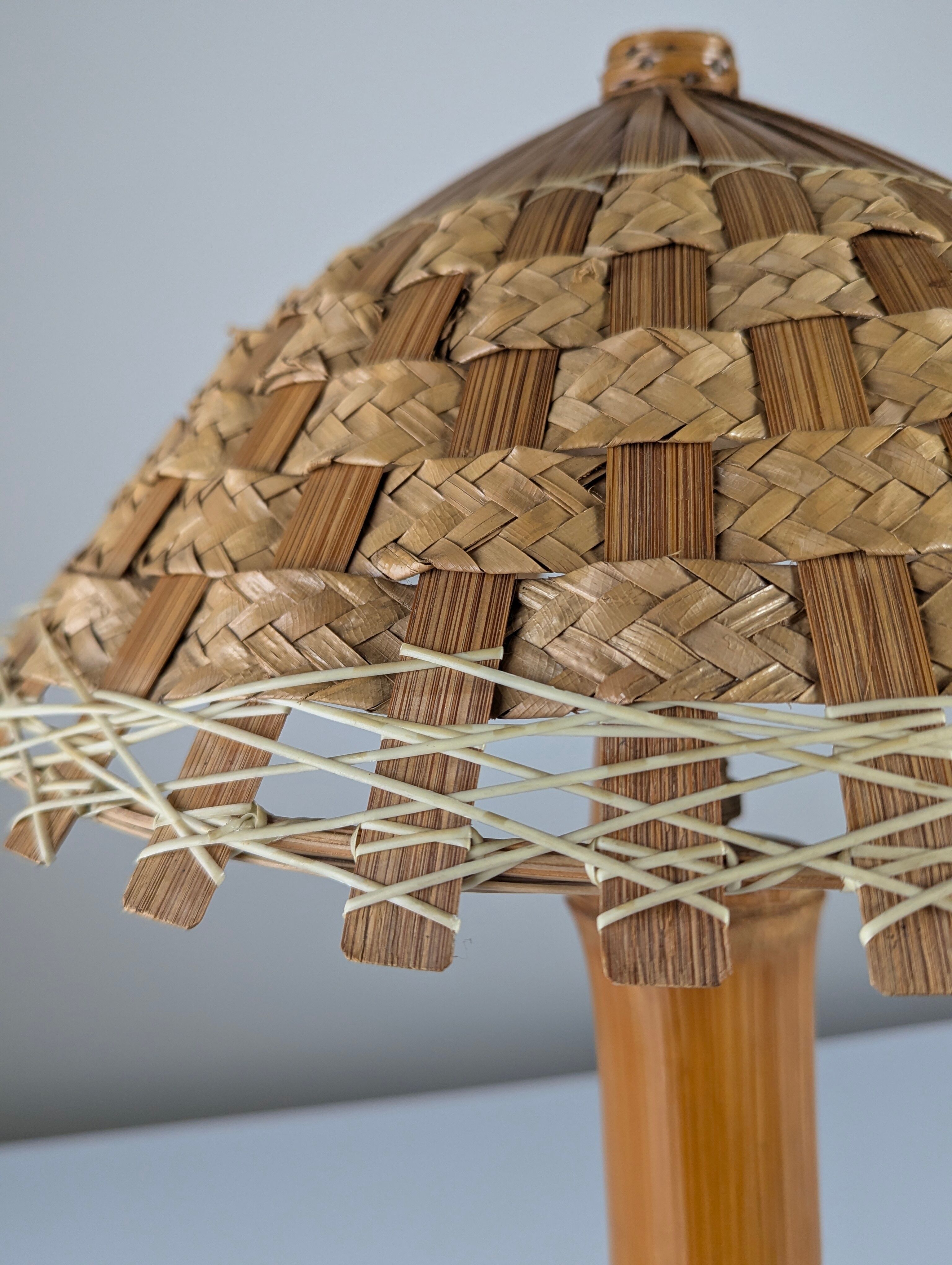 Bamboo and rattan table lamp with woven shade, 1950s