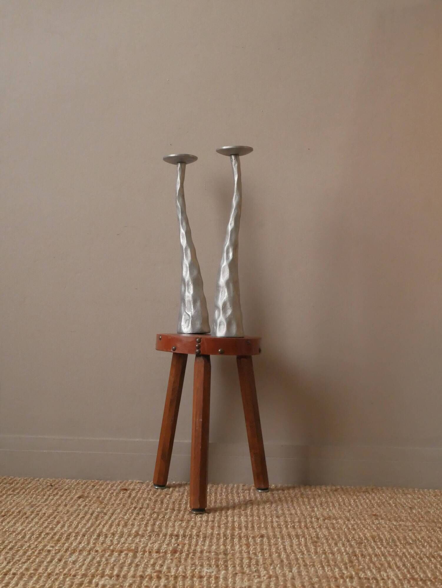 Pair of brushed aluminum candle holders sculpted contemporary brutalist design handmade sculptures