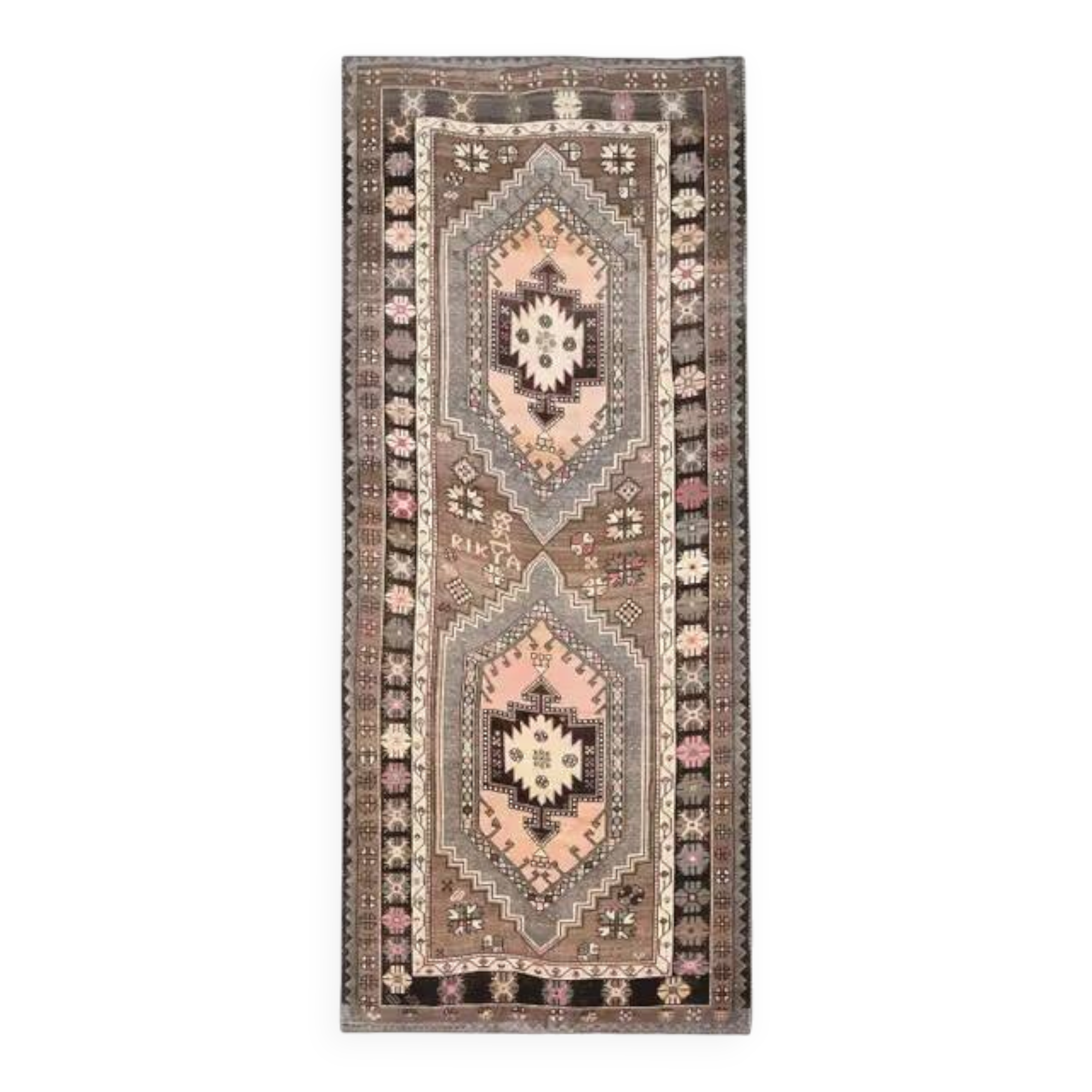 1970s Vintage Turkish Oushak Handmade Wool Cotton Brown Area Rug 85x317