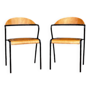 Pair of wooden and black metal chairs