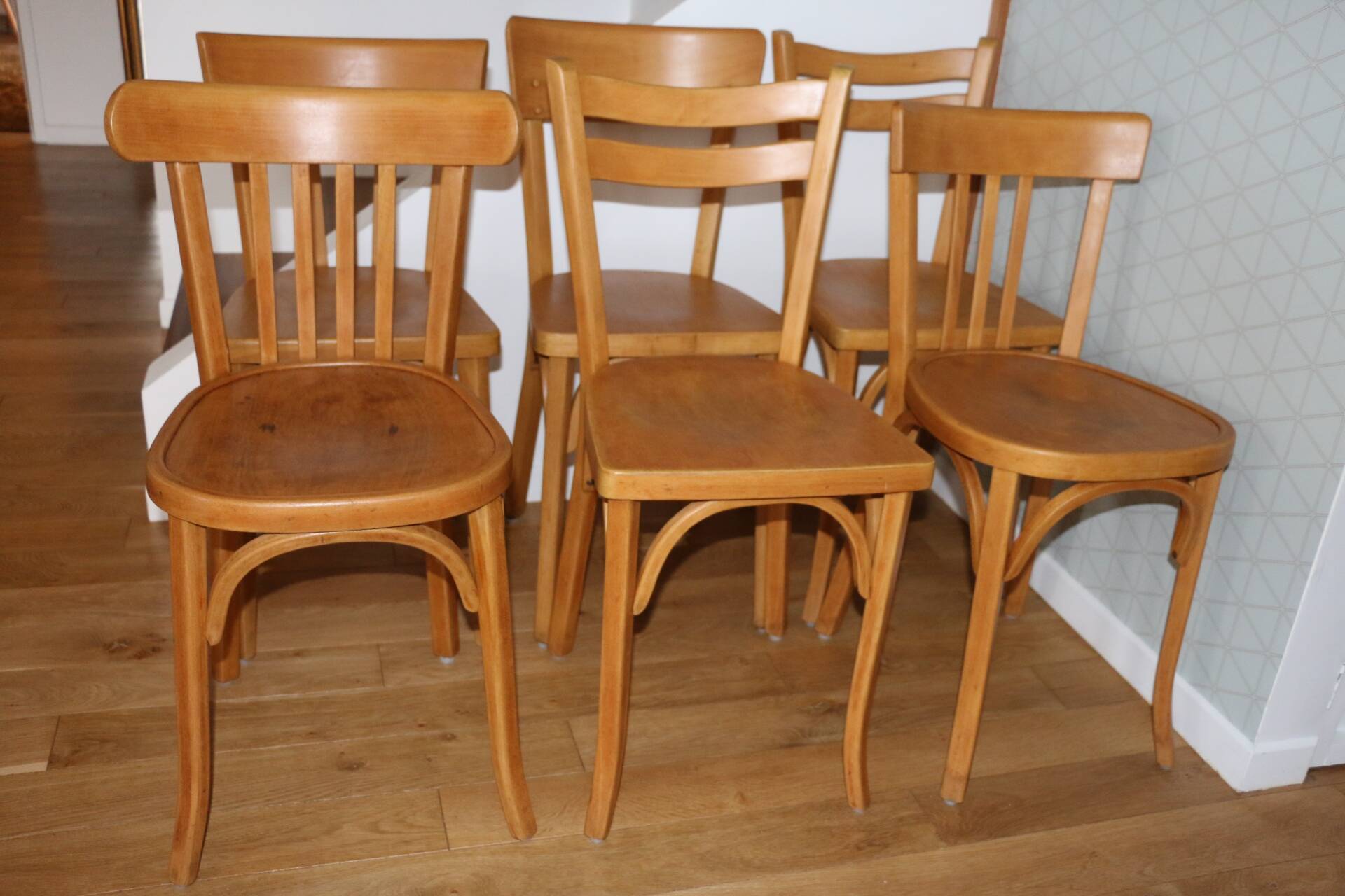 Set of 6 Baumann chairs, light beech, 1960
