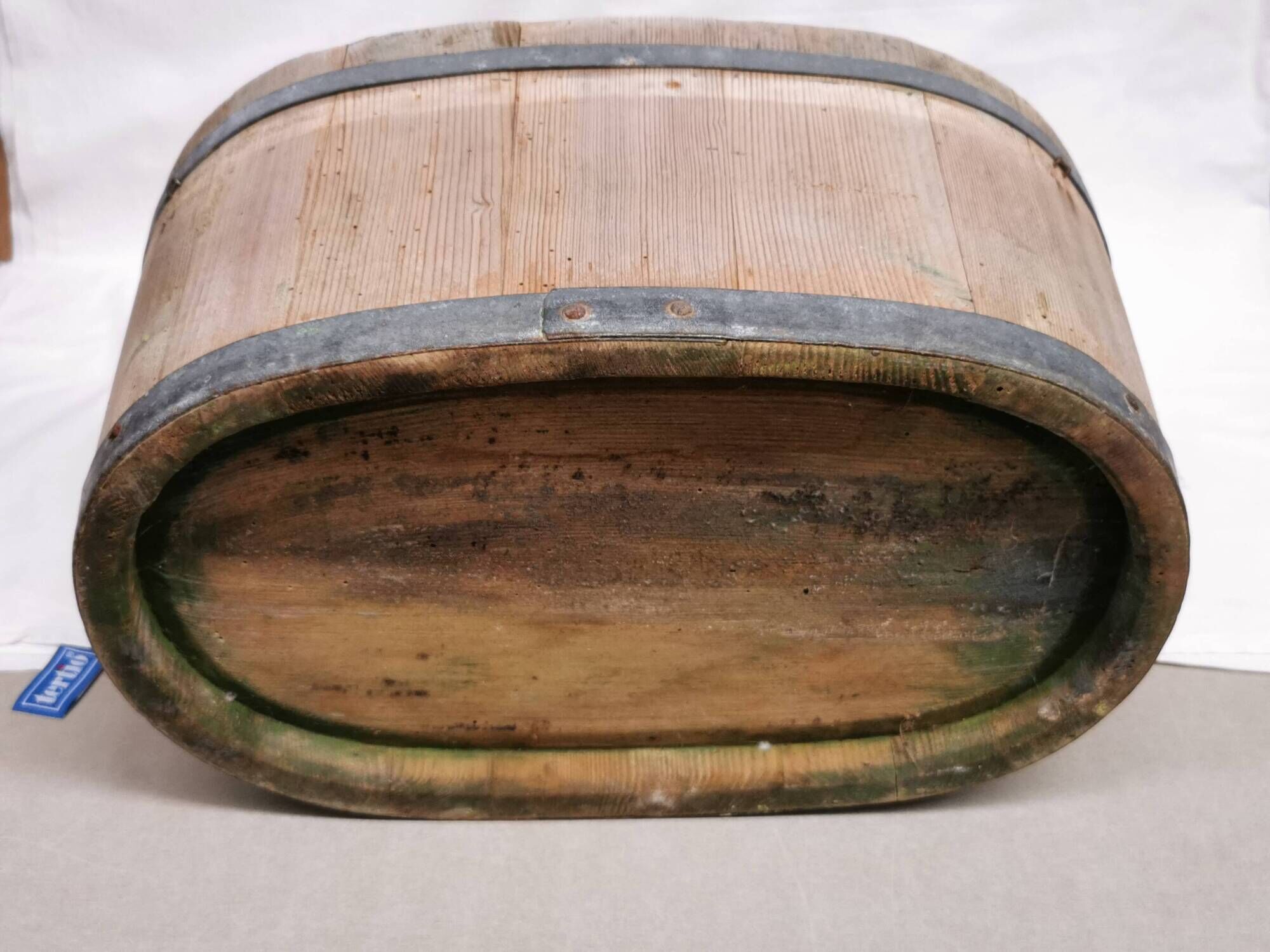 Tub / seille in laid, old swiss wooden cache pot planter, savoie