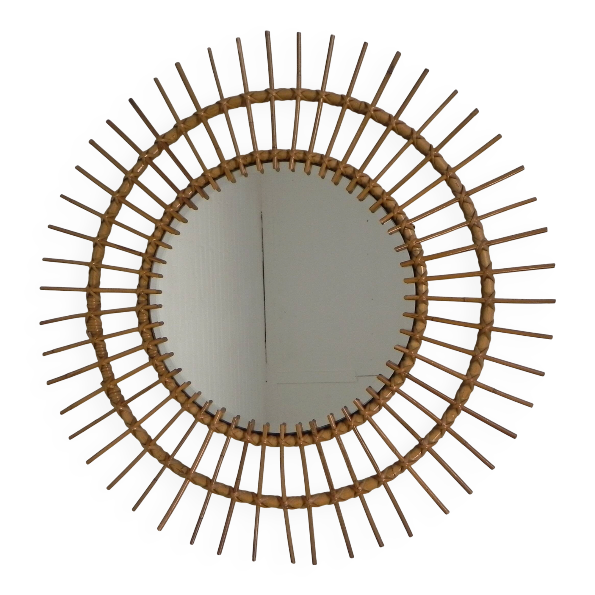 Vintage round bamboo mirror with faceted glass, 1950s