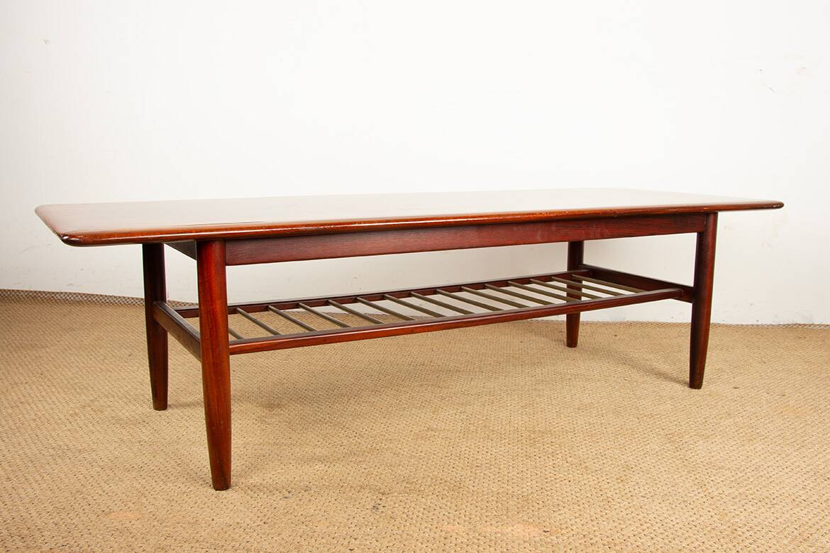 Rosewood and metal tube coffee table, two levels, Denmark 1960.