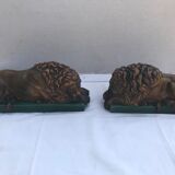 Pair old greenhouse books lions terracotta painted vintage decoration