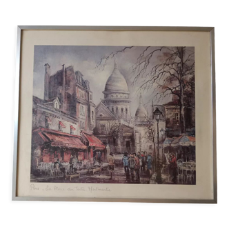 Watercolor reproduction Paris - Place du Tertre - Montmartre signed Brunet