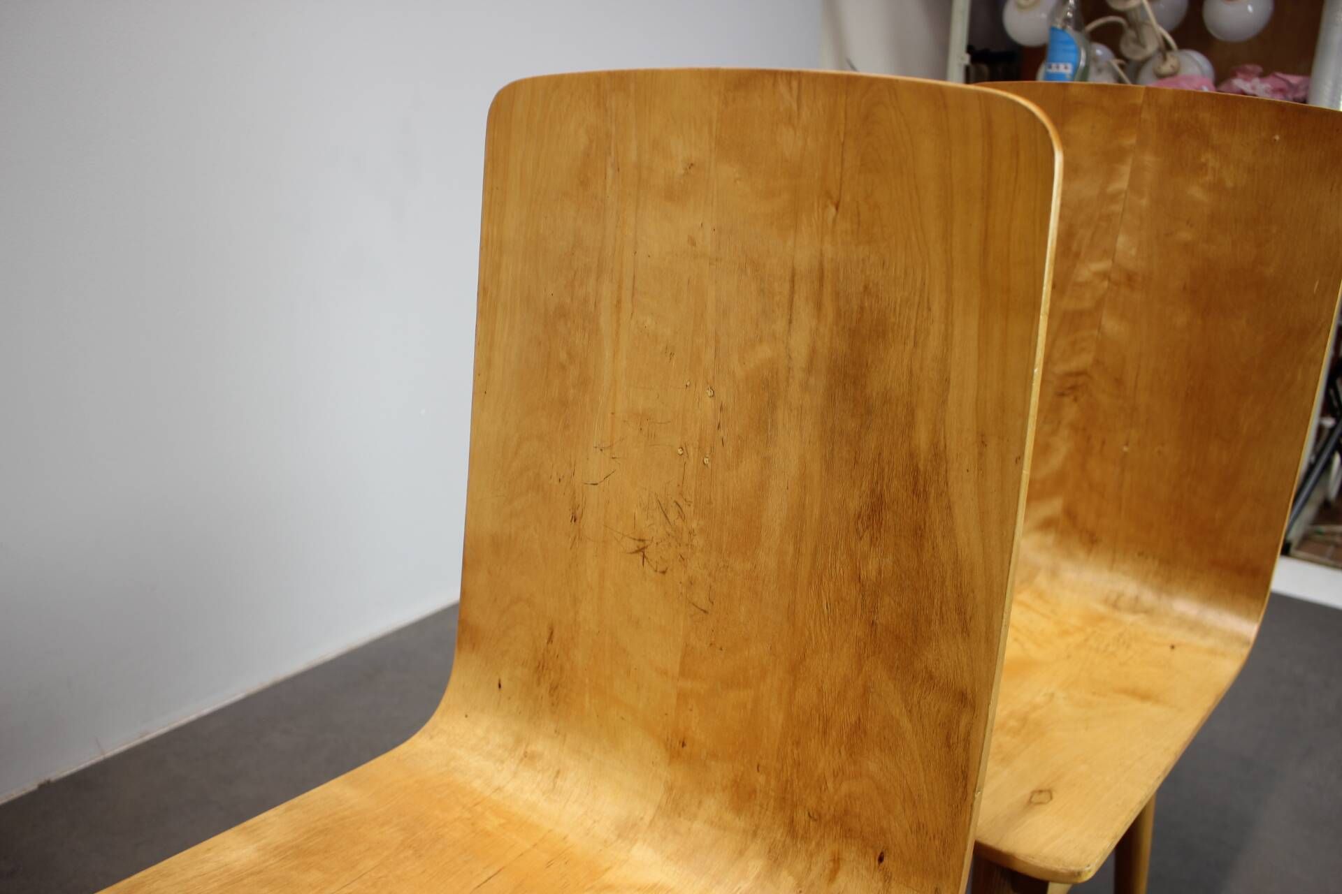 Set of 4 vintage wooden dining chairs in mid-century modern style, Europe, 1970s.