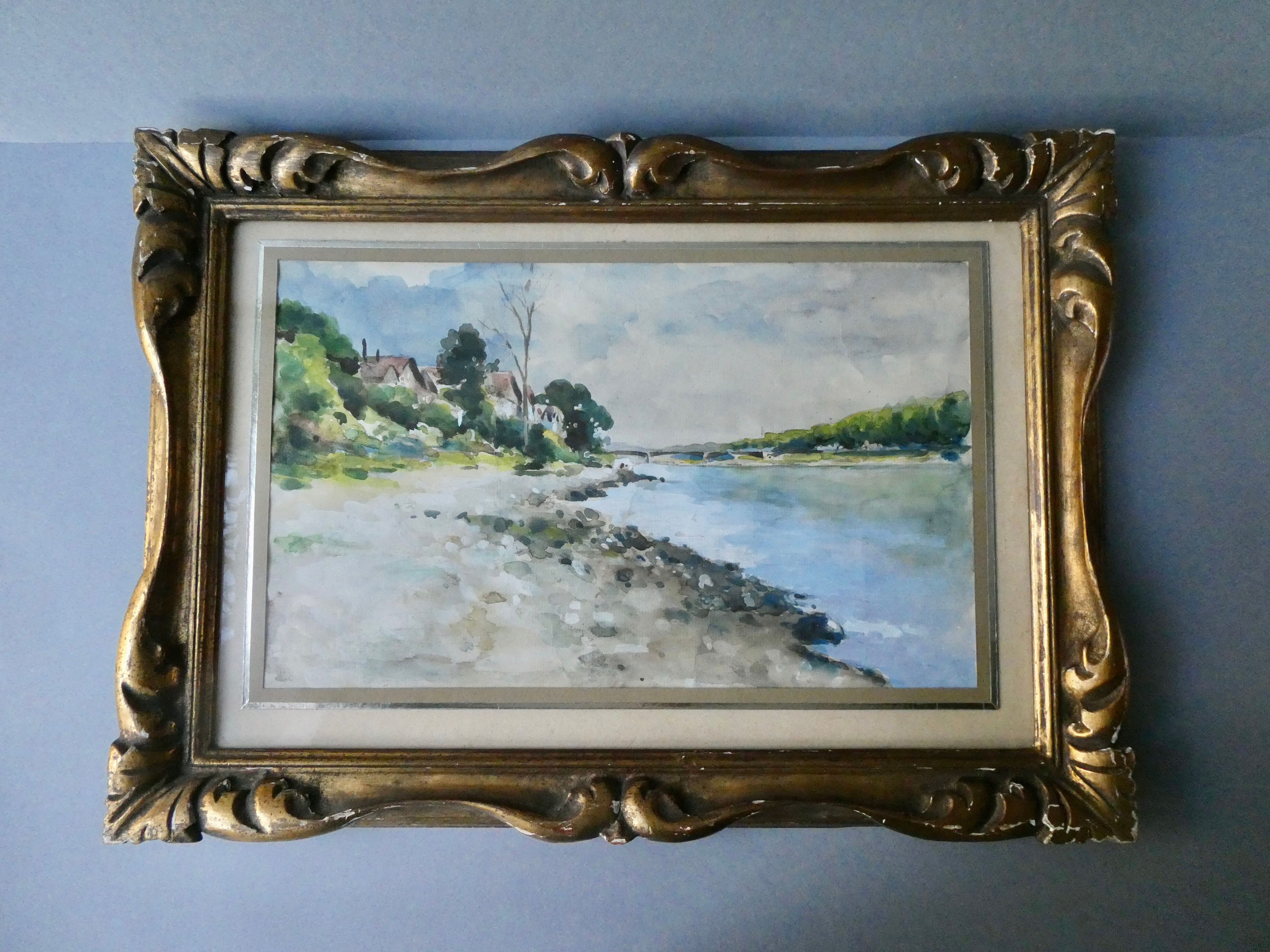 Watercolor painting of Ile Saint Denis, banks of the Seine, signed