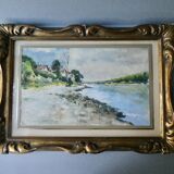 Watercolor painting of Ile Saint Denis, banks of the Seine, signed
