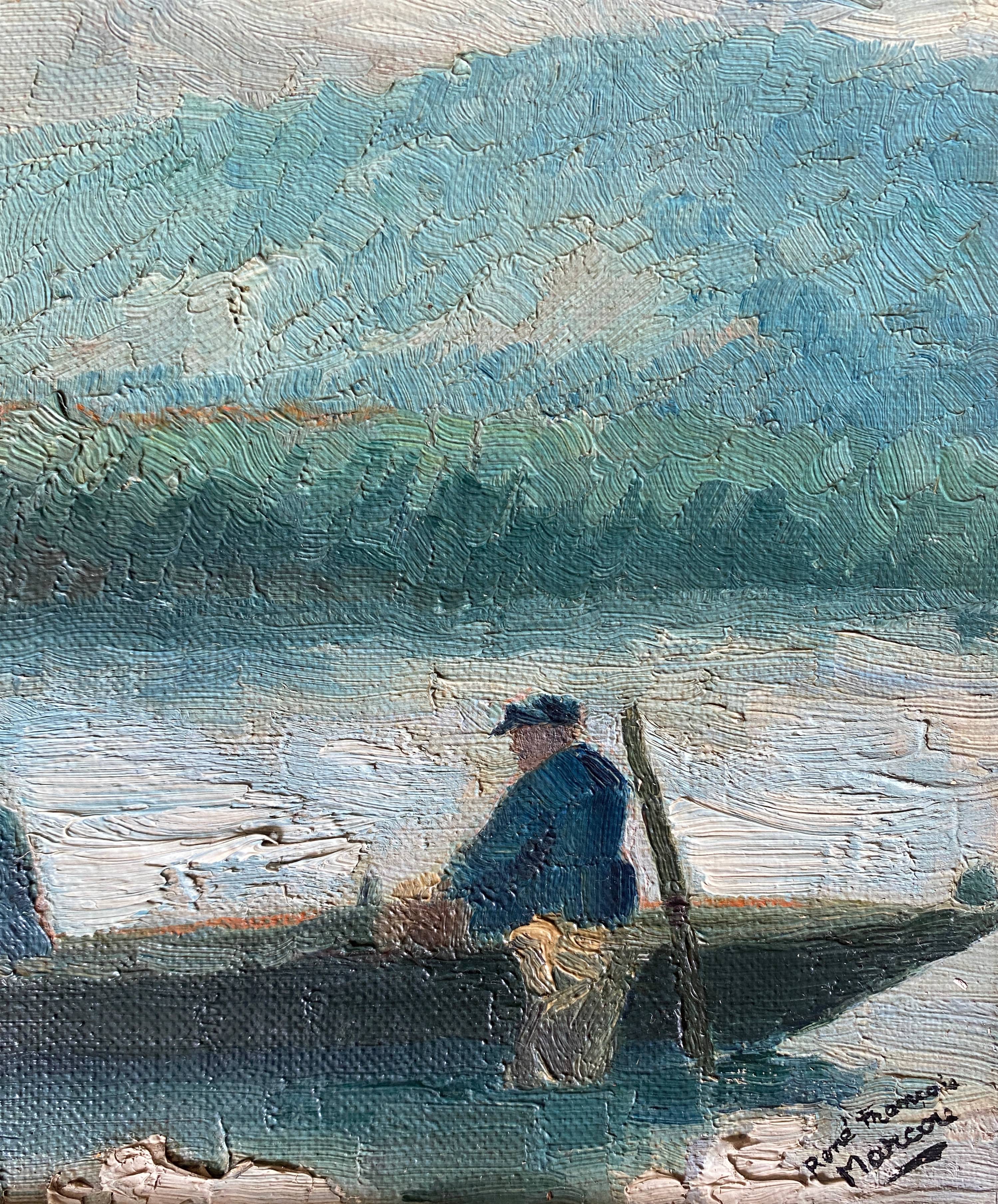 HSP painting "The fishermen" around 1900 R. F. Marcou + frame E. Begué