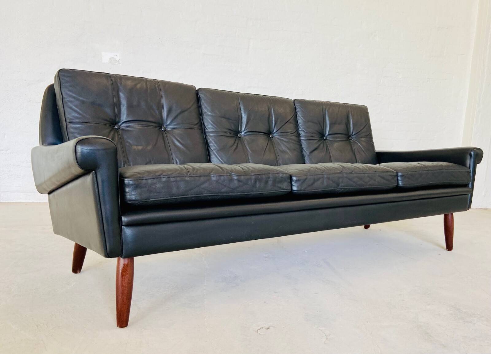 Vintage Danish retro Svend Skipper 3 person sofa in black leather 1960s