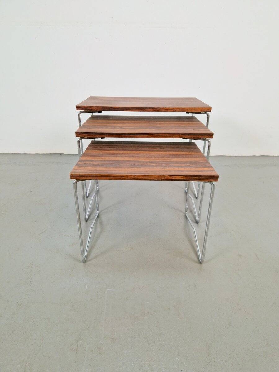 Tables gigognes en chrome et bois de Brabantia, années 1970, ensemble de 3
