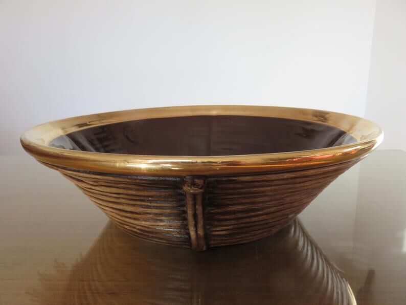 Ceramic basket with rattan and brass in the 70s